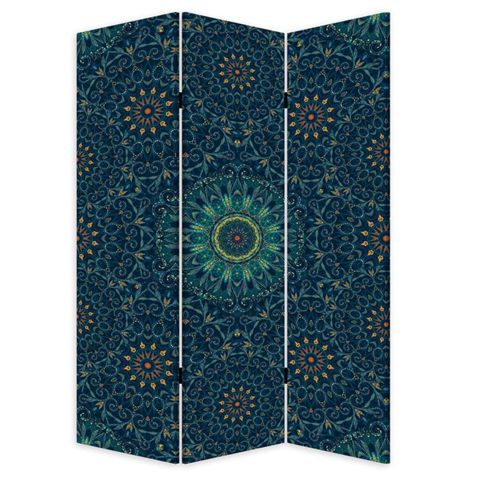 Blue Boho Mandala Three Panel Room Divider Screen