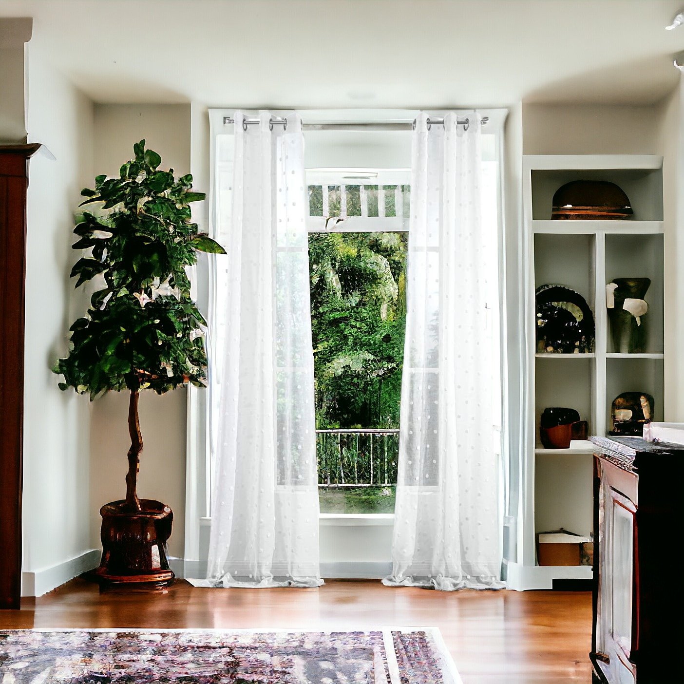 Set of Two 84" White Round Puff Window Curtain Panels