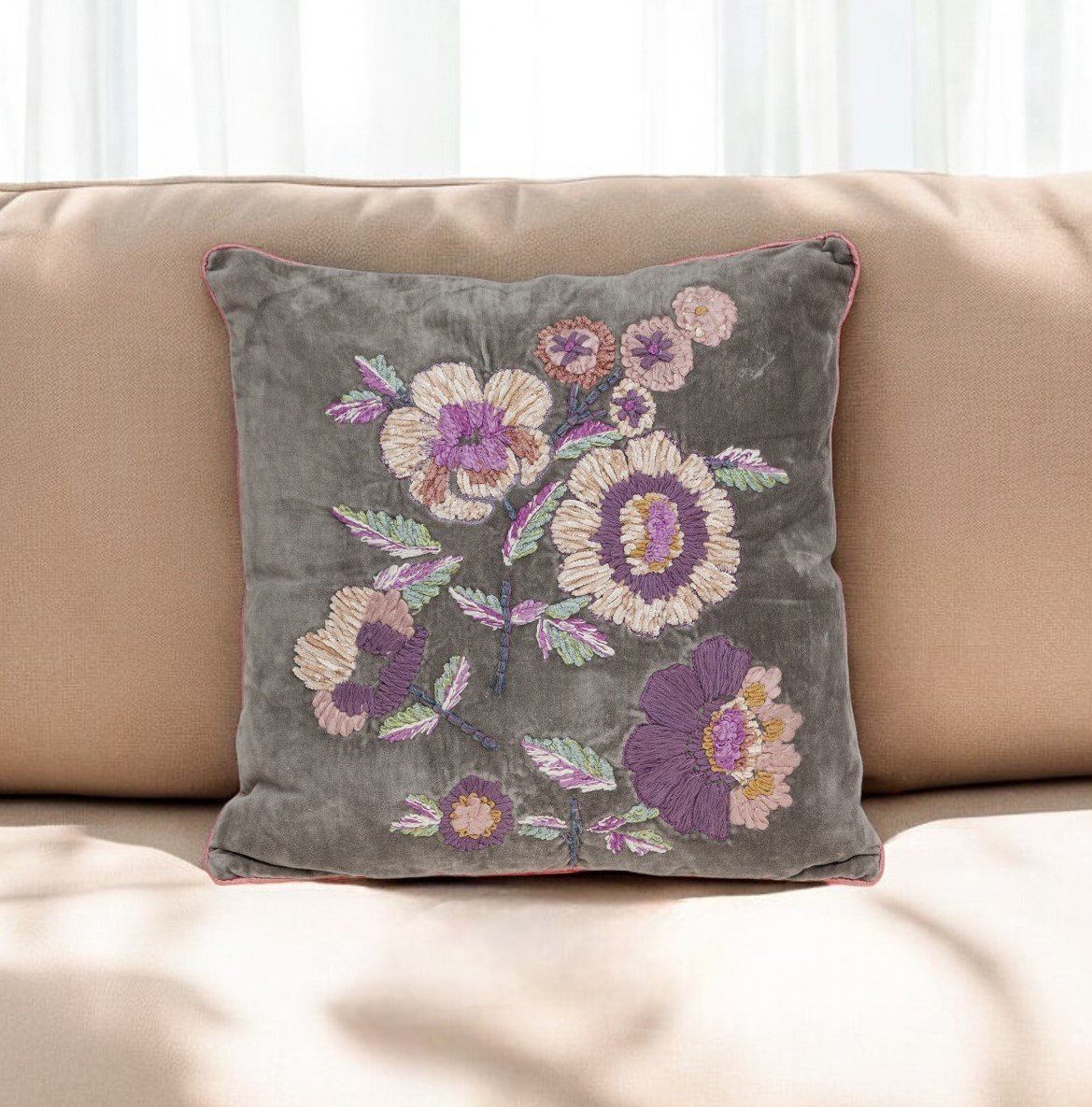 18" X 18" Taupe And Purple Zippered 100% Cotton Throw Pillow With Embroidery