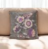 18" X 18" Taupe And Purple Zippered 100% Cotton Throw Pillow With Embroidery