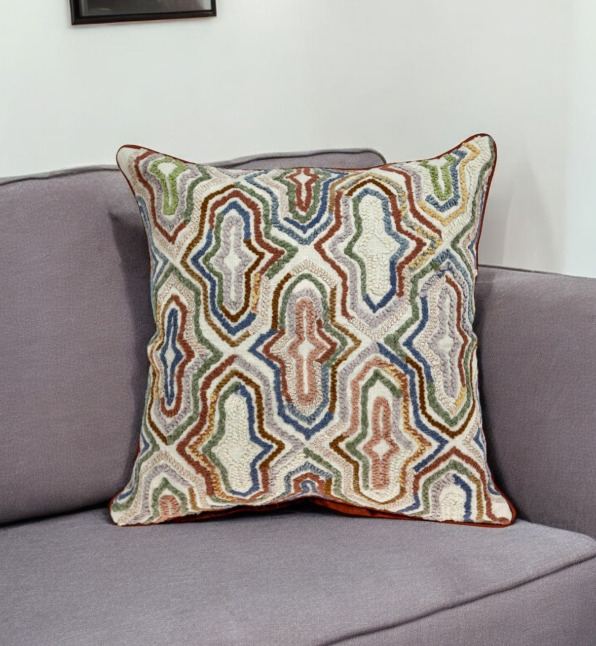18" X 18" Beige And Brown Zippered 100% Cotton Throw Pillow With Embroidery