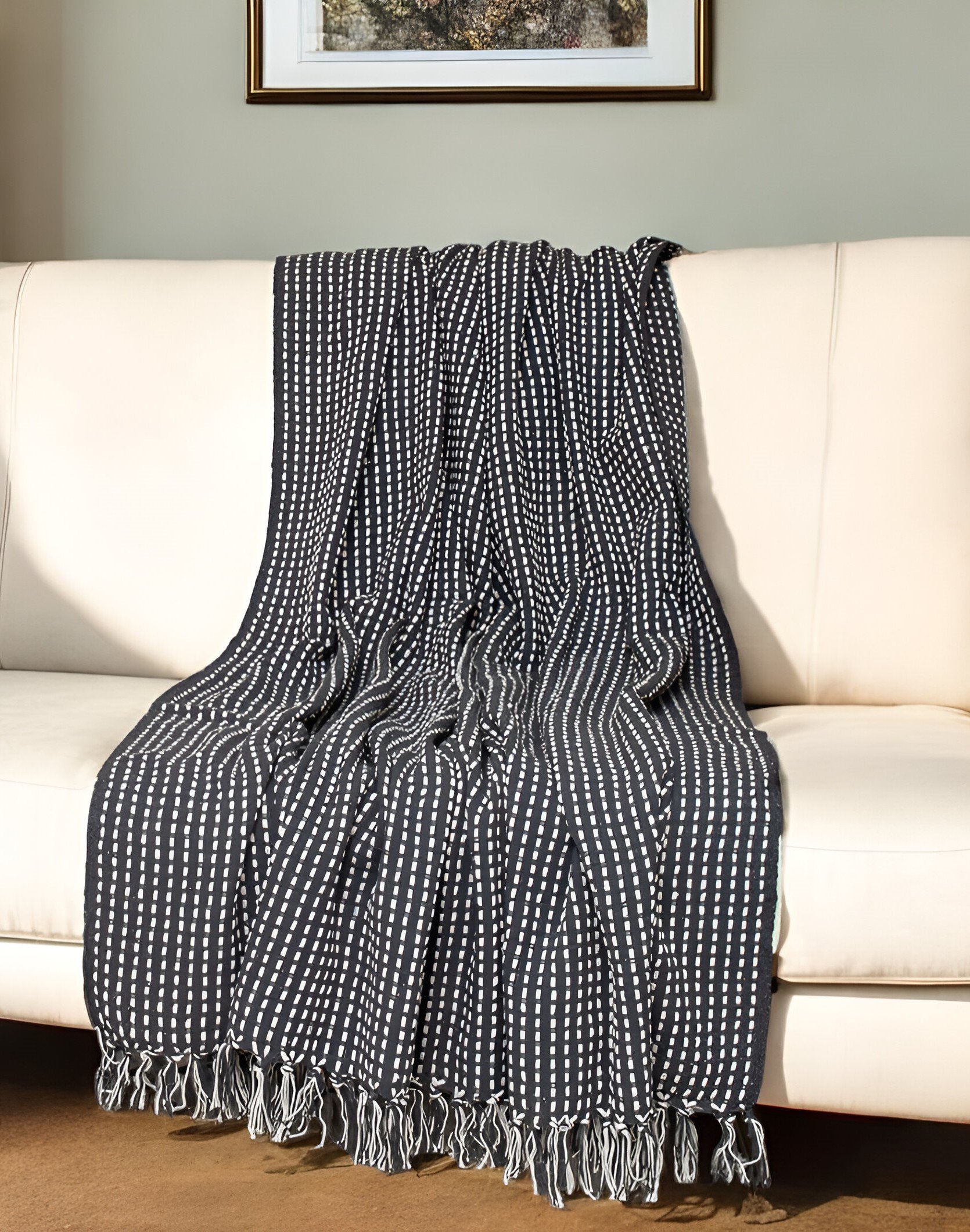 67" X 52" Black and White Woven Cotton Striped Throw Blanket with Tassels