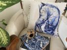 18" X 18" Blue And White Abstract Cat Throw Pillow With Pom Poms