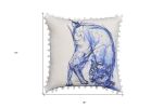 18" X 18" Blue And White Abstract Cat Throw Pillow With Pom Poms