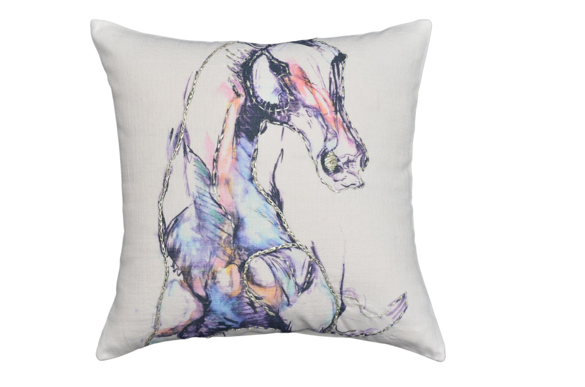 18" X 18" Light Blue And Off White Horse Zippered Cotton Blend Throw Pillow