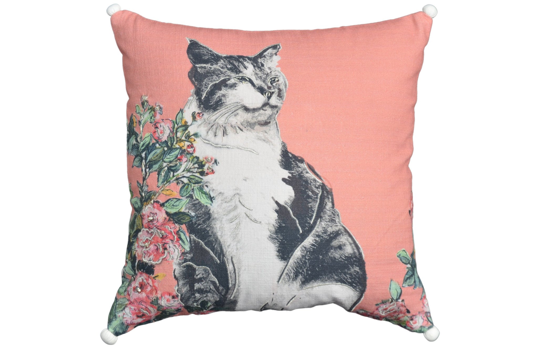 18" X 18" Pink Cat Zippered Handmade Cotton Blend Throw Pillow With Pom Poms