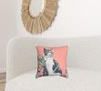 18" X 18" Pink Cat Zippered Handmade Cotton Blend Throw Pillow With Pom Poms