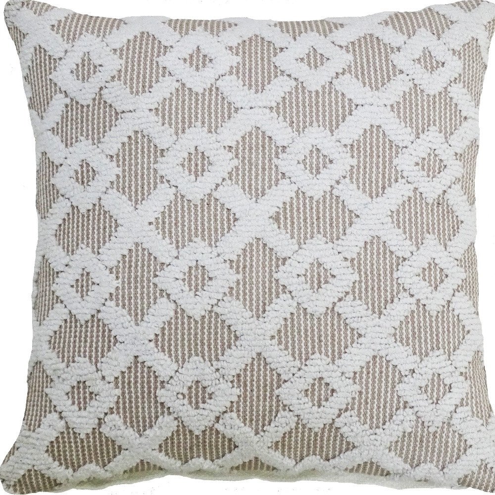 20" X 20" White And Beige Trellis Zippered Cotton Blend Throw Pillow
