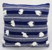 20" X 20" Navy and White Striped Textural Throw Pillow With Pom Poms
