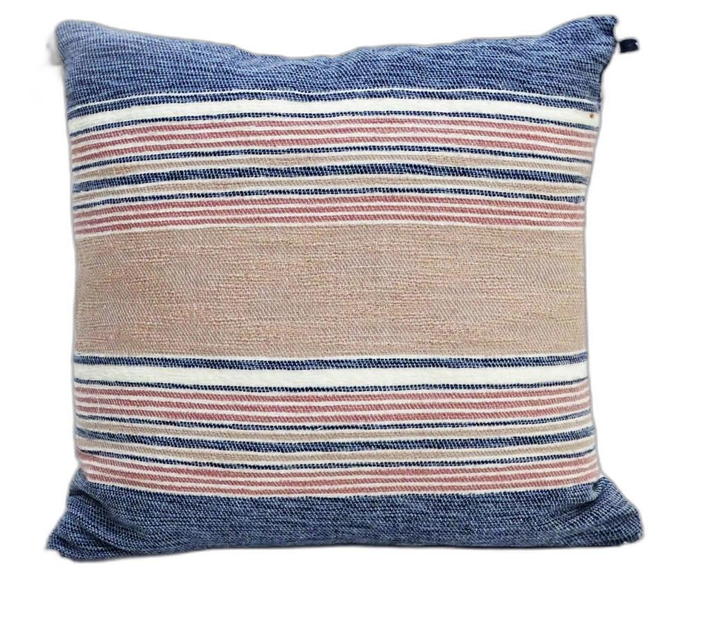 22" X 22" Blue And Tan Striped Handmade Throw Pillow With Tassels