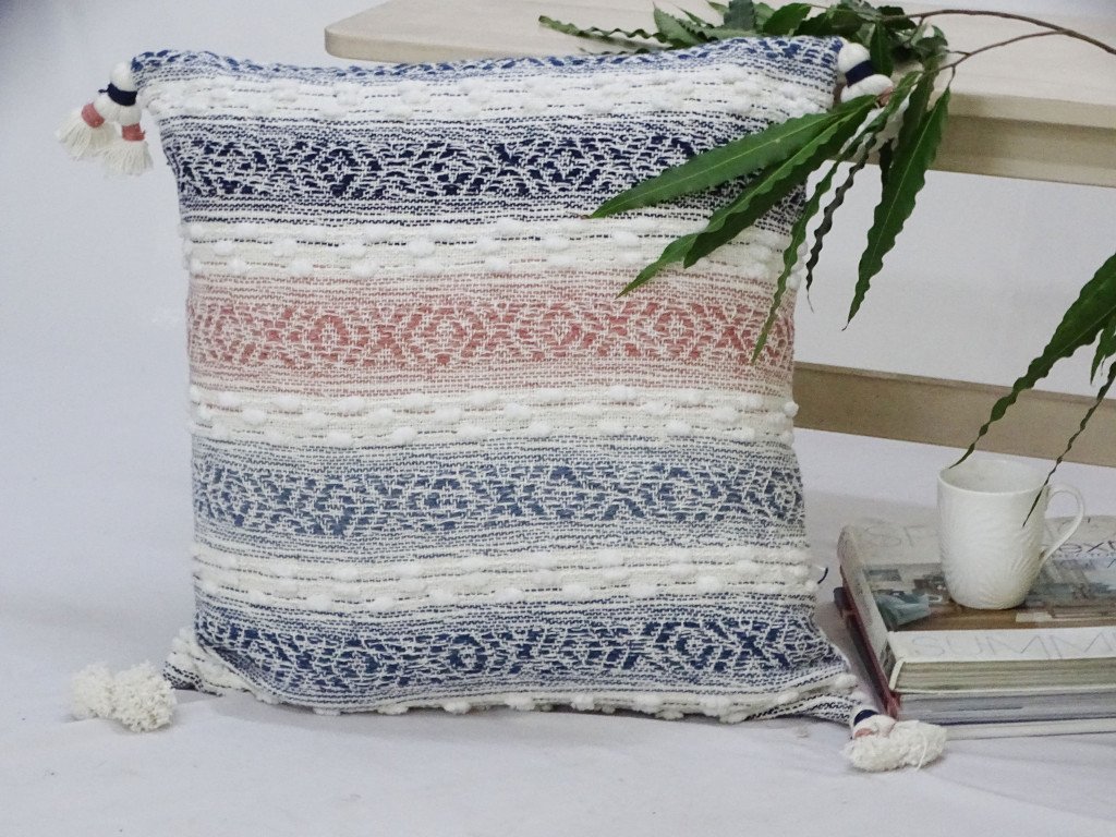 22" X 22" Blue And Peach Southwestern Stripe Handmade Throw Pillow With Tassels