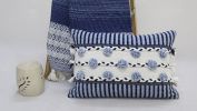 14" X 20" Navy Blue And White Ribbed Zippered Handmade Cotton Blend Throw Pillow With Tassels