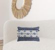 14" X 20" Navy Blue And White Ribbed Zippered Handmade Cotton Blend Throw Pillow With Tassels
