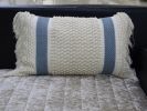 14" X 24" Cream And Light Blue Handmade Nubby Texture Throw Pillow With Fringe