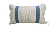 14" X 24" Cream And Light Blue Handmade Nubby Texture Throw Pillow With Fringe