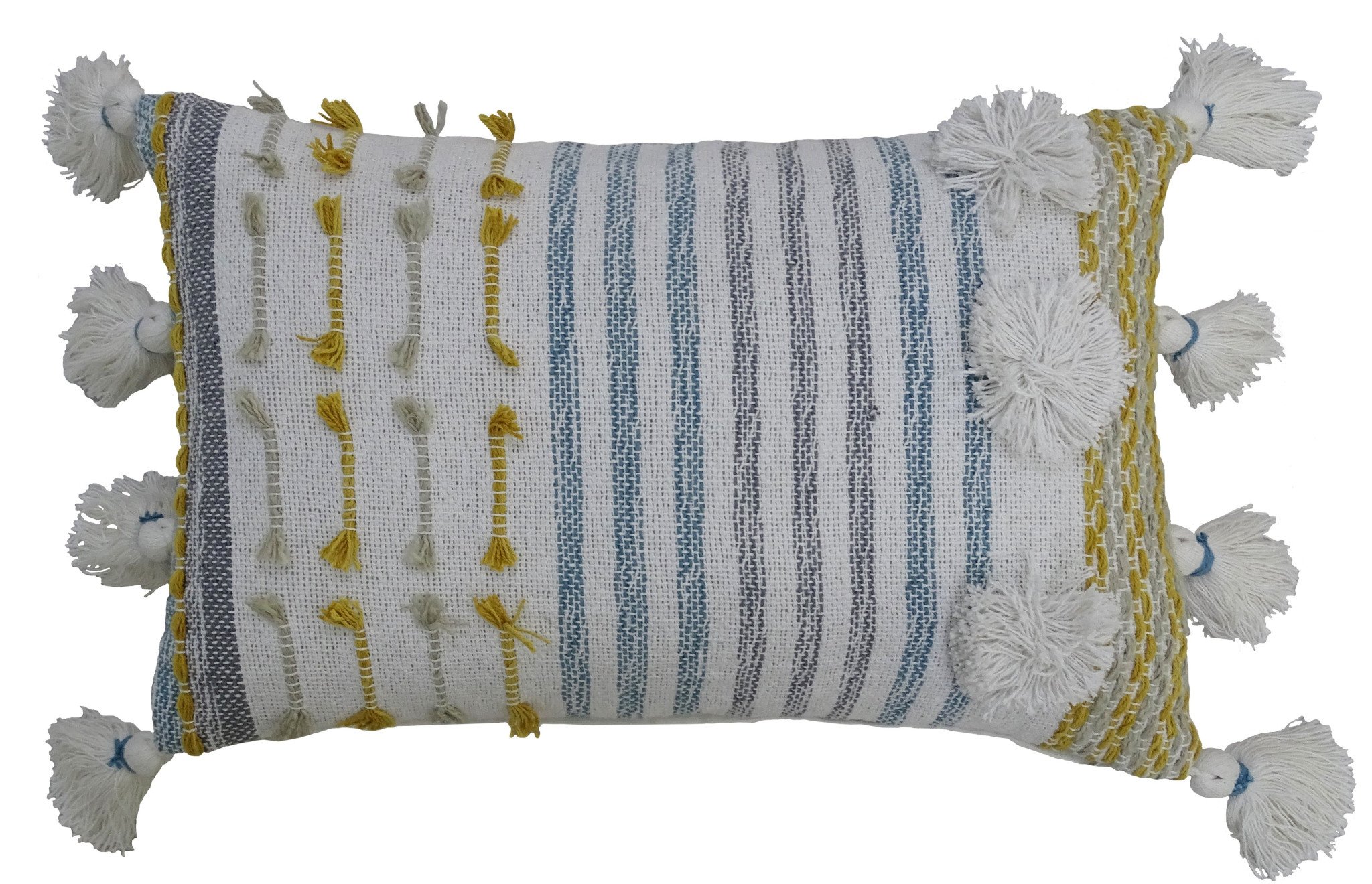 14" X 20" Blue and Yellow Striped Cotton Blend Zippered Pillow With Tassels