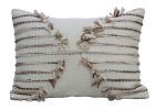 14" X 20" Tan And White Zippered Cotton Blend Geometric Throw Pillow With Pom-poms