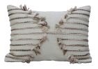14" X 20" Tan And White Zippered Cotton Blend Geometric Throw Pillow With Pom-poms
