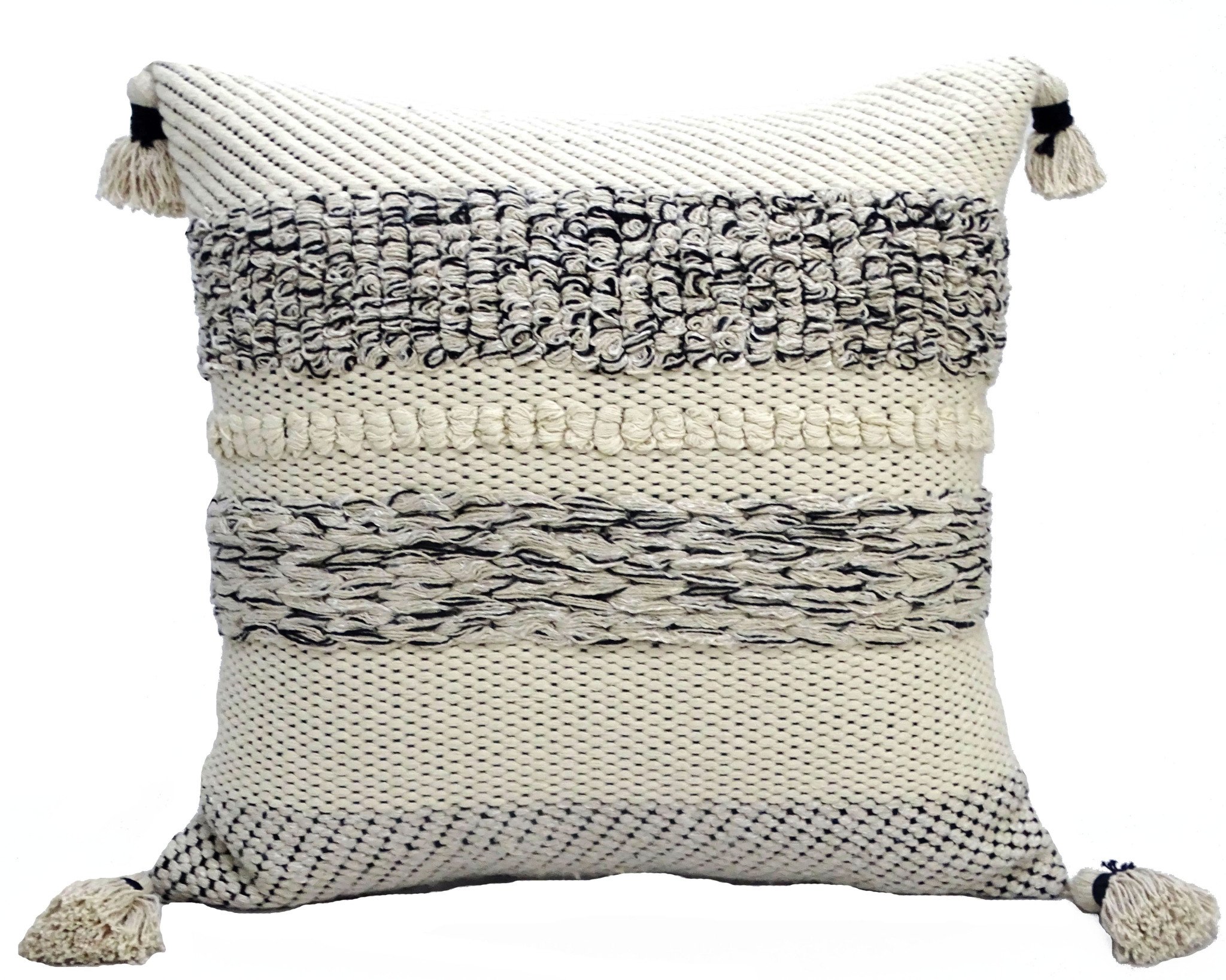 22" X 22" White And Black Zippered Cotton Blend Ribbed Throw Pillow With Tassels