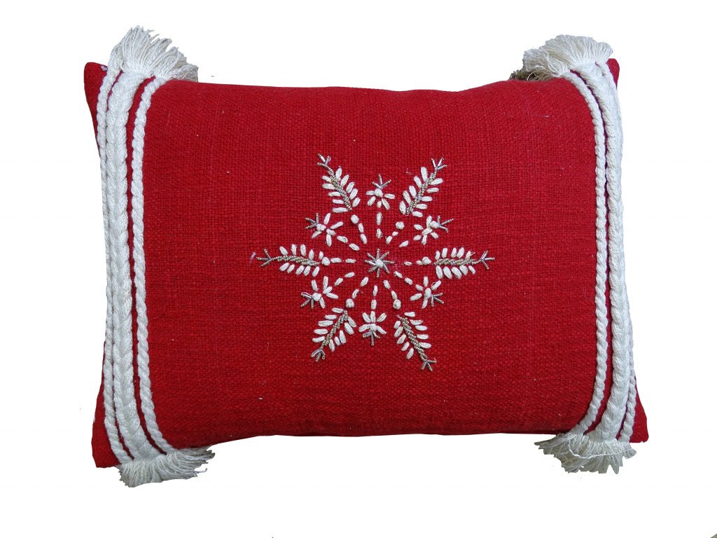 14" X 20" Red Zippered Cotton Blend Christmas Snowflakes Throw Pillow With Embroidery