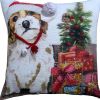 20" X 20" Red And White Dog Zippered Handmade Cotton Blend Christmas Throw Pillow With Pom Poms