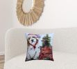 20" X 20" Red And White Dog Zippered Handmade Cotton Blend Christmas Throw Pillow With Pom Poms