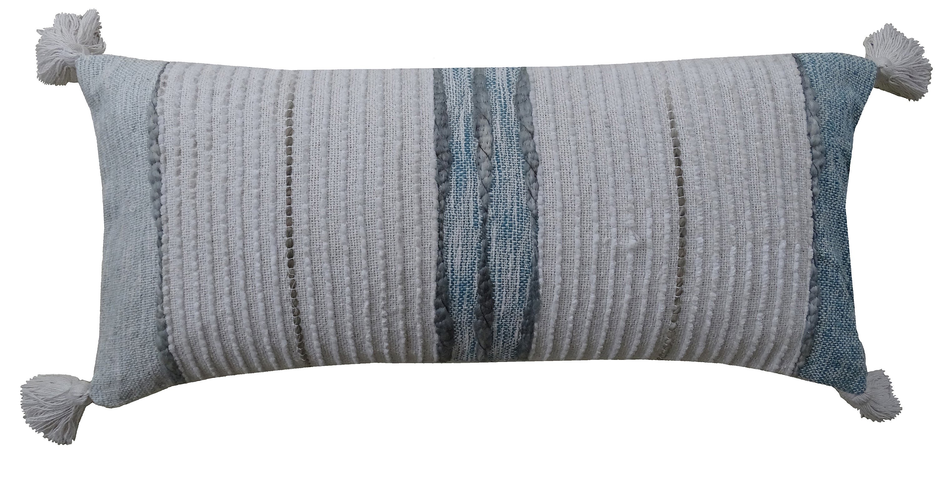 14" X 30" Off White And Green Ribbed Zippered Handmade Cotton Blend Throw Pillow With Tassels