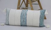 14" X 30" Off White And Green Ribbed Zippered Handmade Cotton Blend Throw Pillow With Tassels