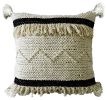 20" X 20" White And Black Ribbed Zippered Hand Loomed Cotton Blend Throw Pillow With Fringe