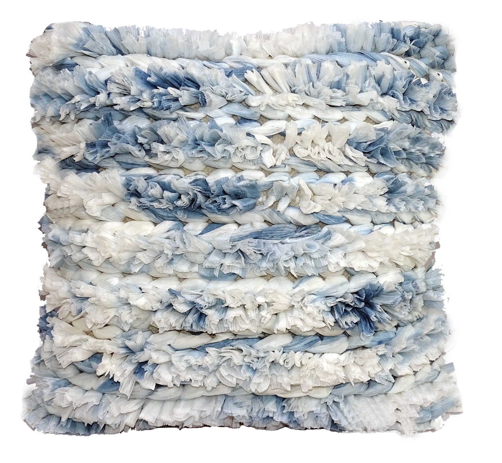 22" X 22" White And Blue Ombre Zippered Hand Loomed Cotton Blend Throw Pillow With Ruffles