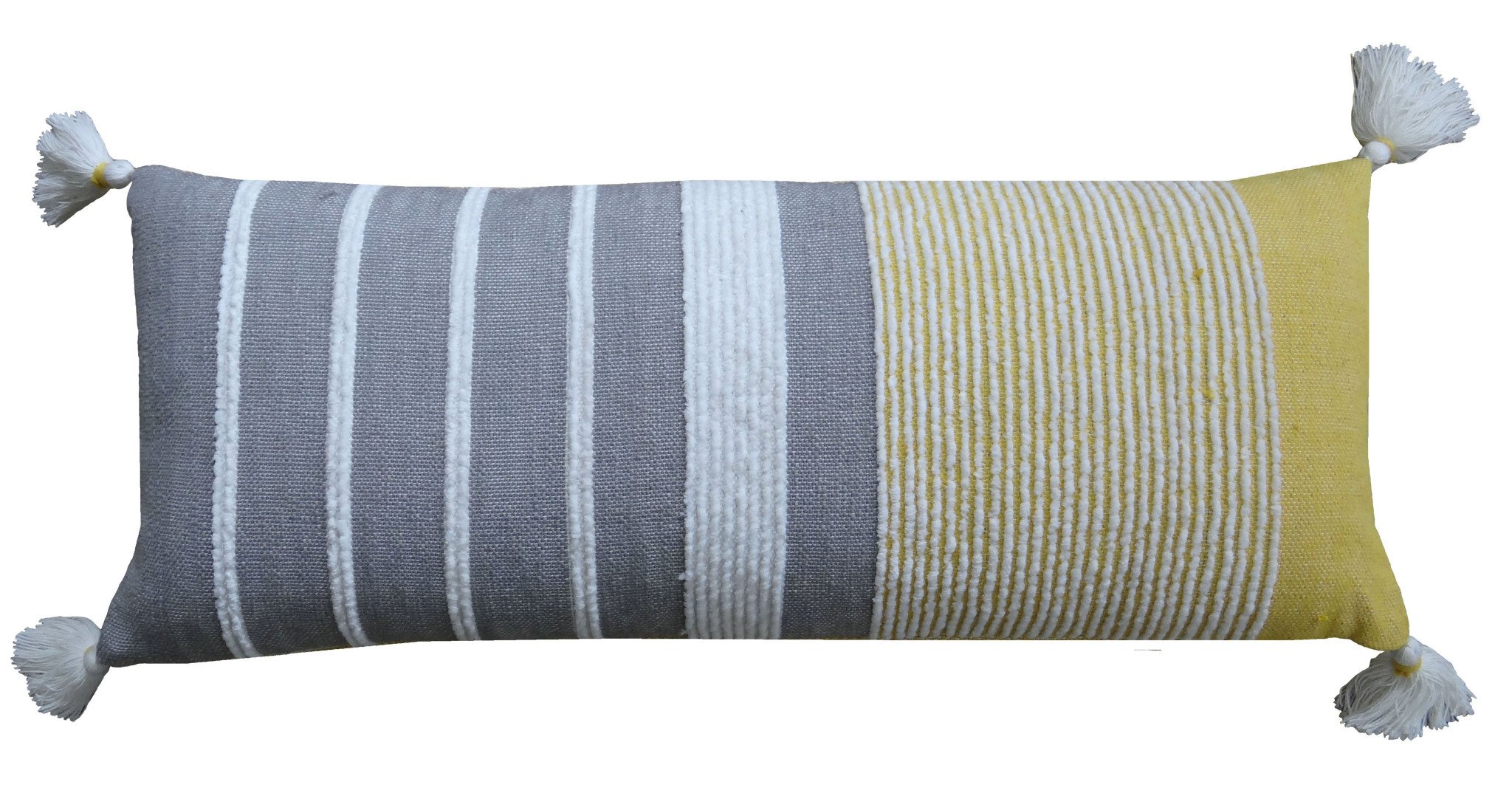 14" X 36" Gray And Yellow Striped Handmade Cotton Blend Throw Pillow With Tassels