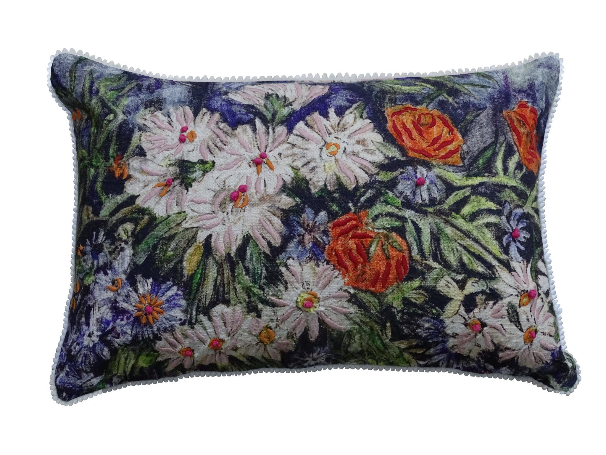 14" X 20" Blue And White Floral Zippered Handmade Cotton Blend Throw Pillow