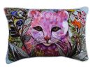 14" X 20" Pink Cat Zippered Handmade Cotton Blend Throw Pillow With Pom Poms