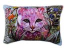 14" X 20" Pink Cat Zippered Handmade Cotton Blend Throw Pillow With Pom Poms