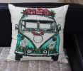18" X 18" Red And Green Zippered Handmade Cotton Blend Christmas Holiday Van Throw Pillow With Embroidery