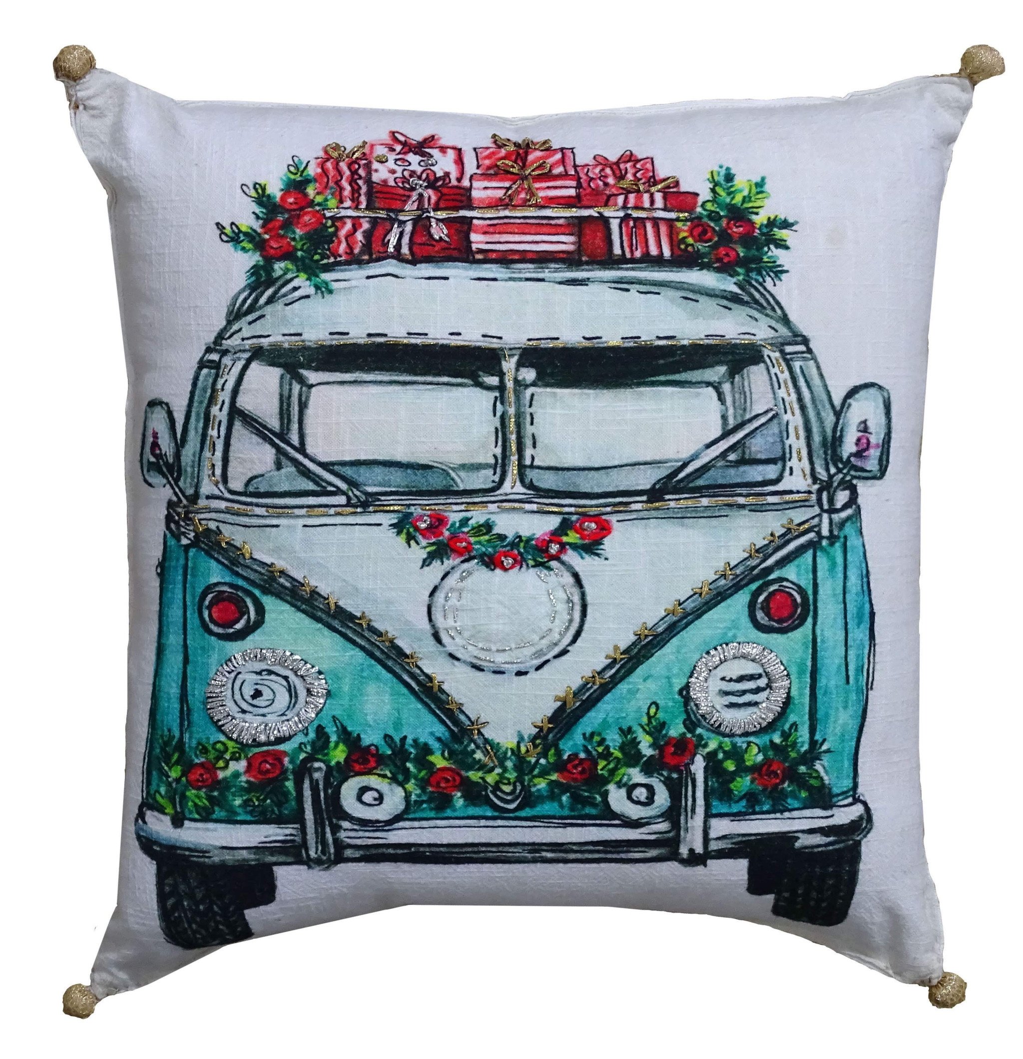 18" X 18" Red And Green Zippered Handmade Cotton Blend Christmas Holiday Van Throw Pillow With Embroidery