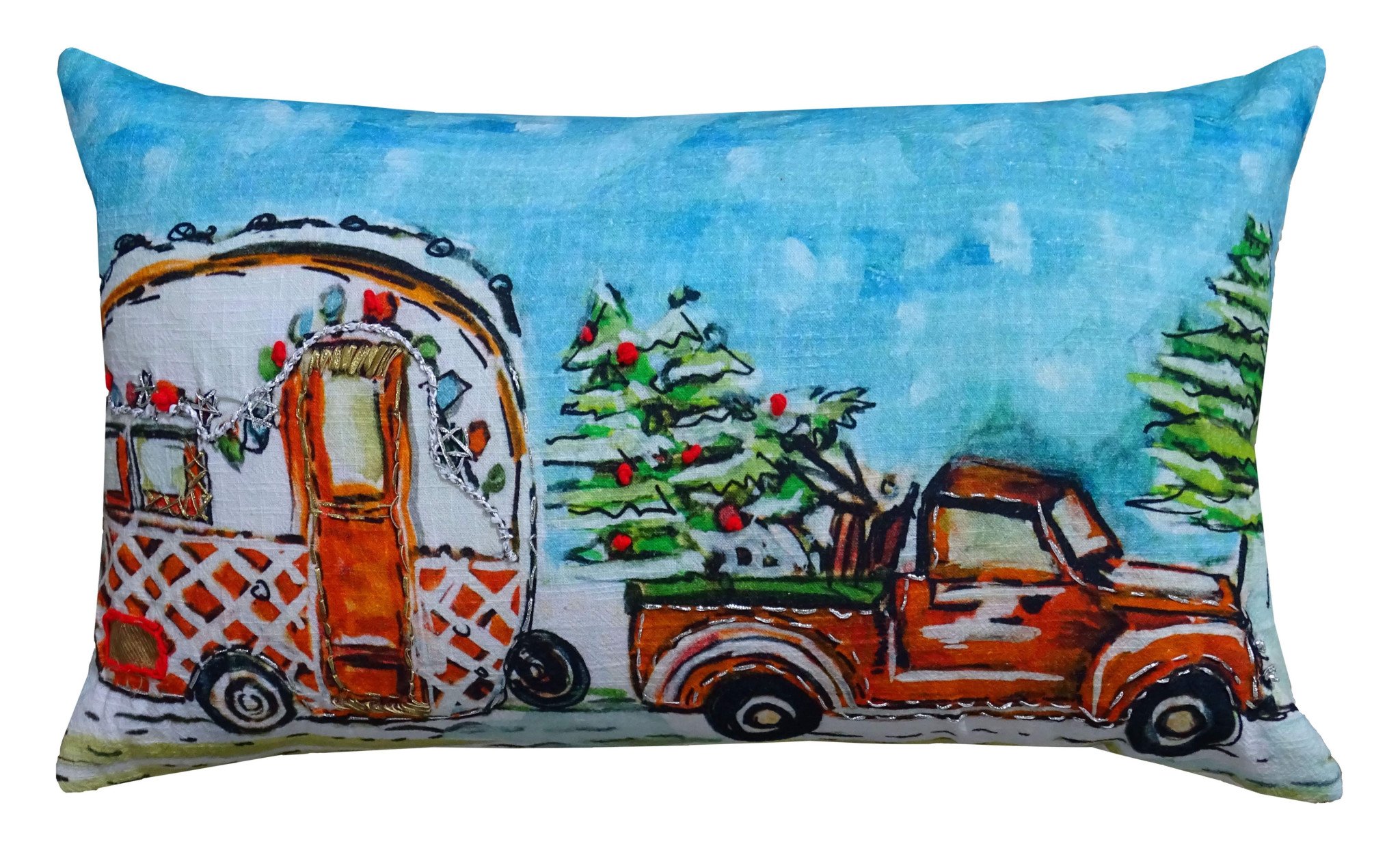 14" X 20" Red and Blue Christmas Holiday Van Throw Pillow