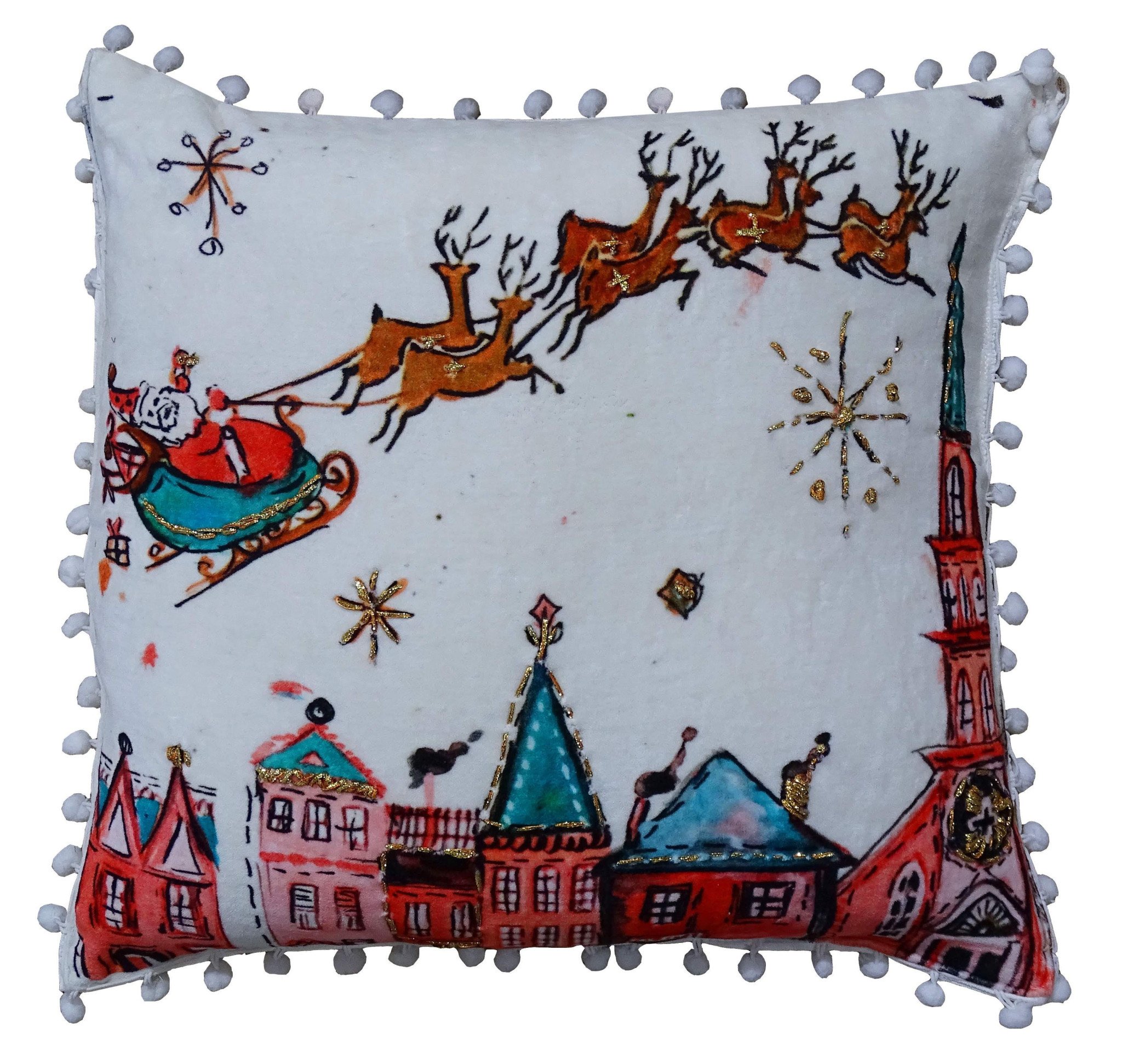 18" X 18" Red And Green Christmas Santa and Reindeer Throw Pillow With Pom Poms