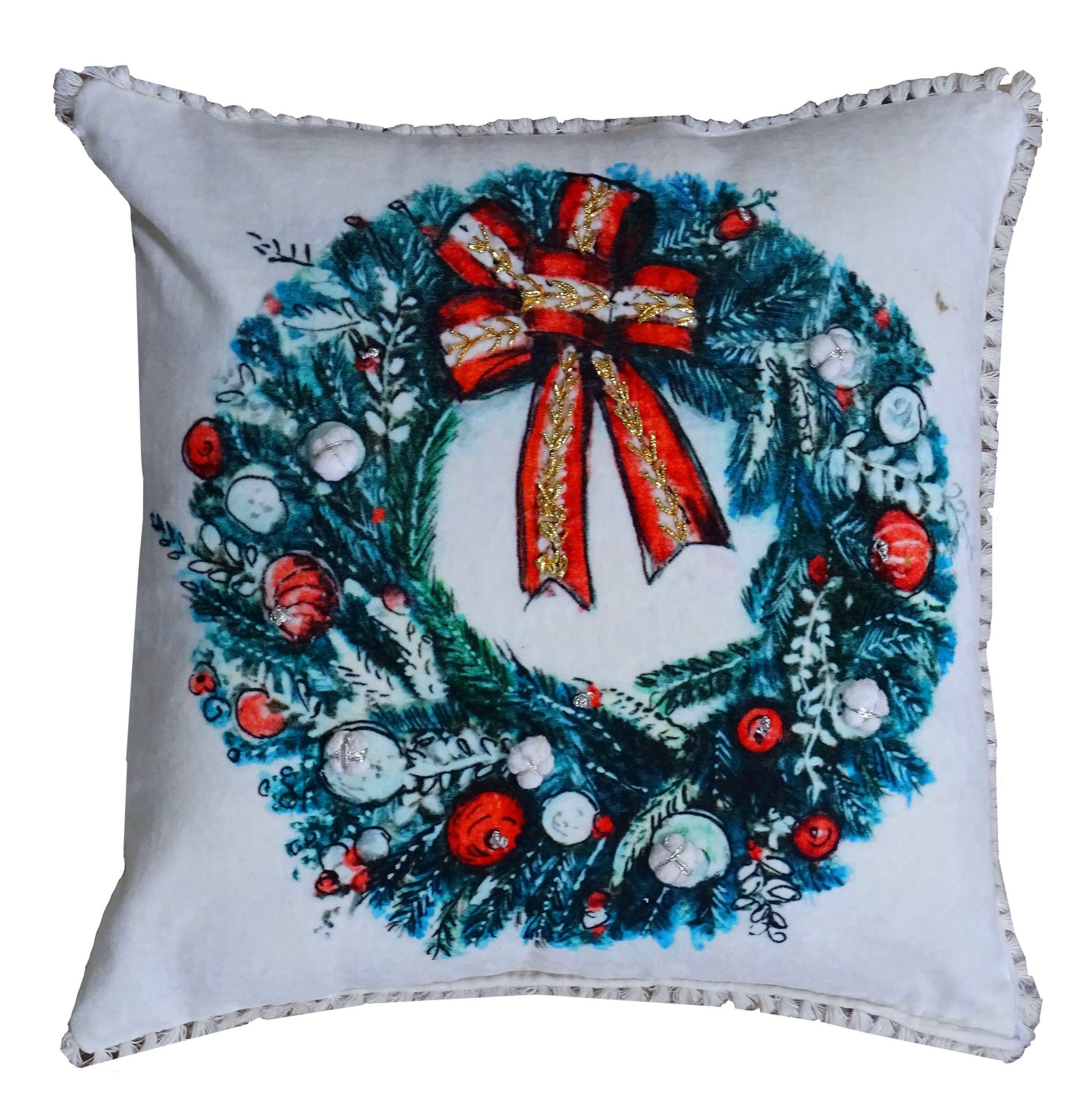 18" X 18" Red And Green Christmas Wreath Throw Pillow With Embroidery