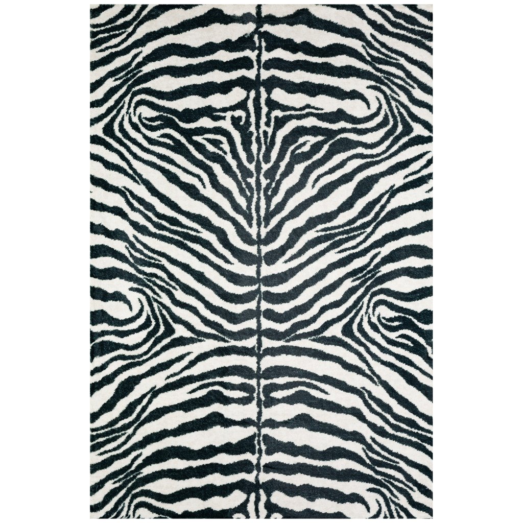 8' X 10' Black and White Zebra Print Shag Handmade Non Skid Area Rug