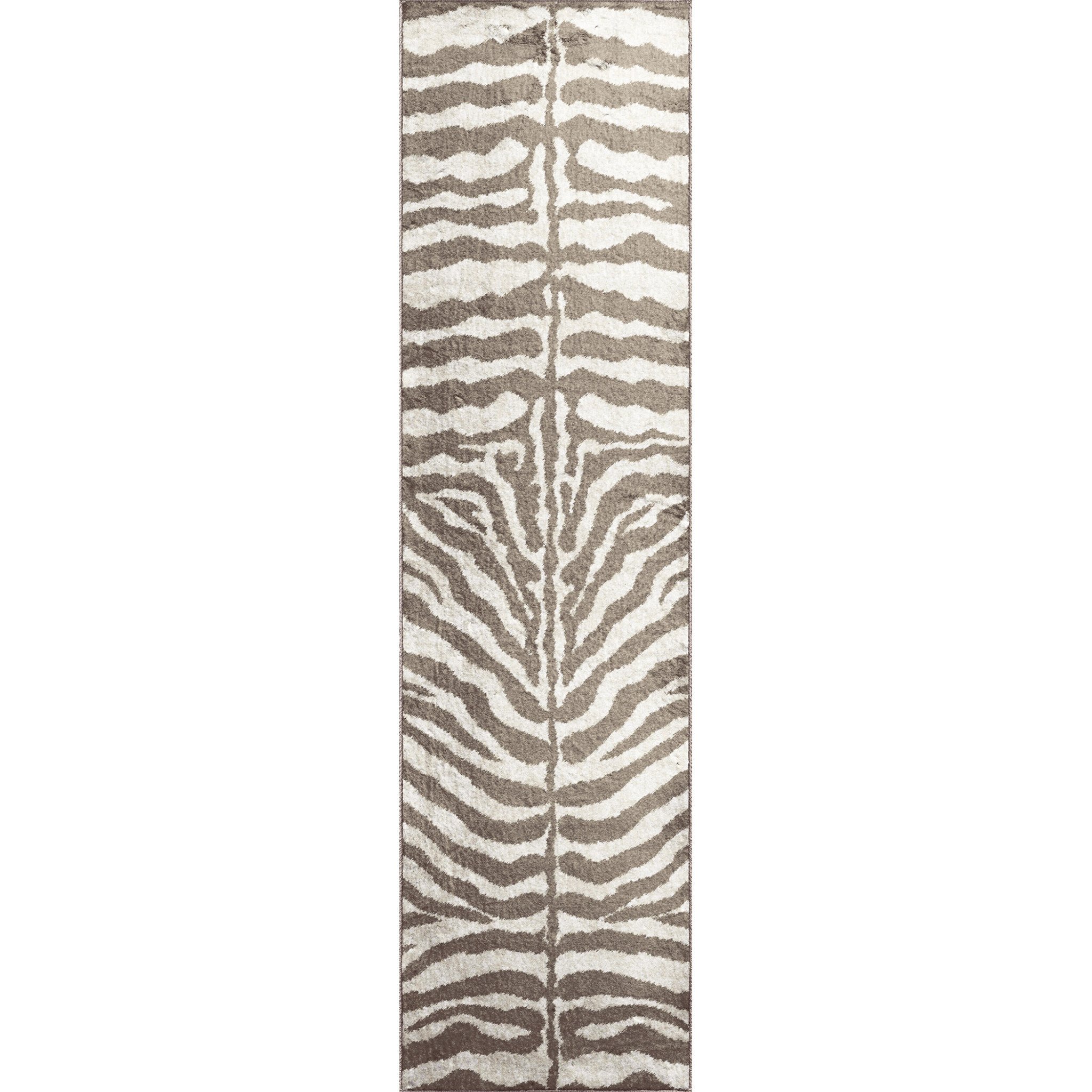 2' X 8' Mocha and Cream Zebra Print Shag Handmade Non Skid Runner Rug