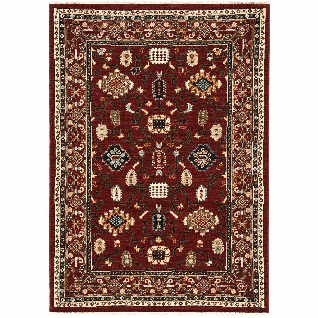 2' X 3' Red Black Ivory And Brown Oriental Power Loom Stain Resistant Area Rug With Fringe