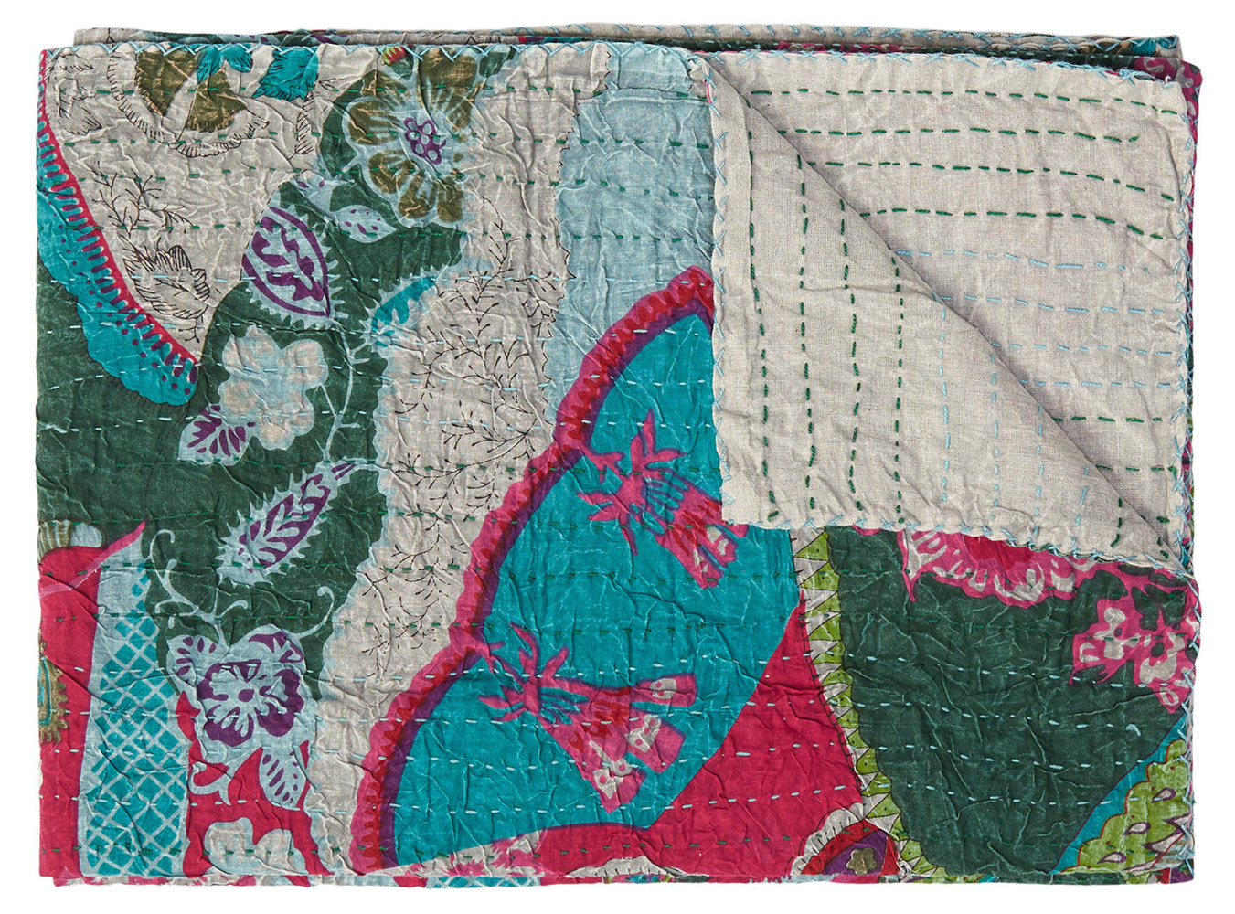 50" X 70" Green and Pink Kantha Cotton Abstract Throw Blanket with Embroidery