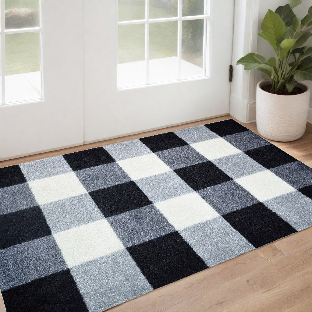 2' X 3' Black and White Buffalo Check Washable Floor Mat