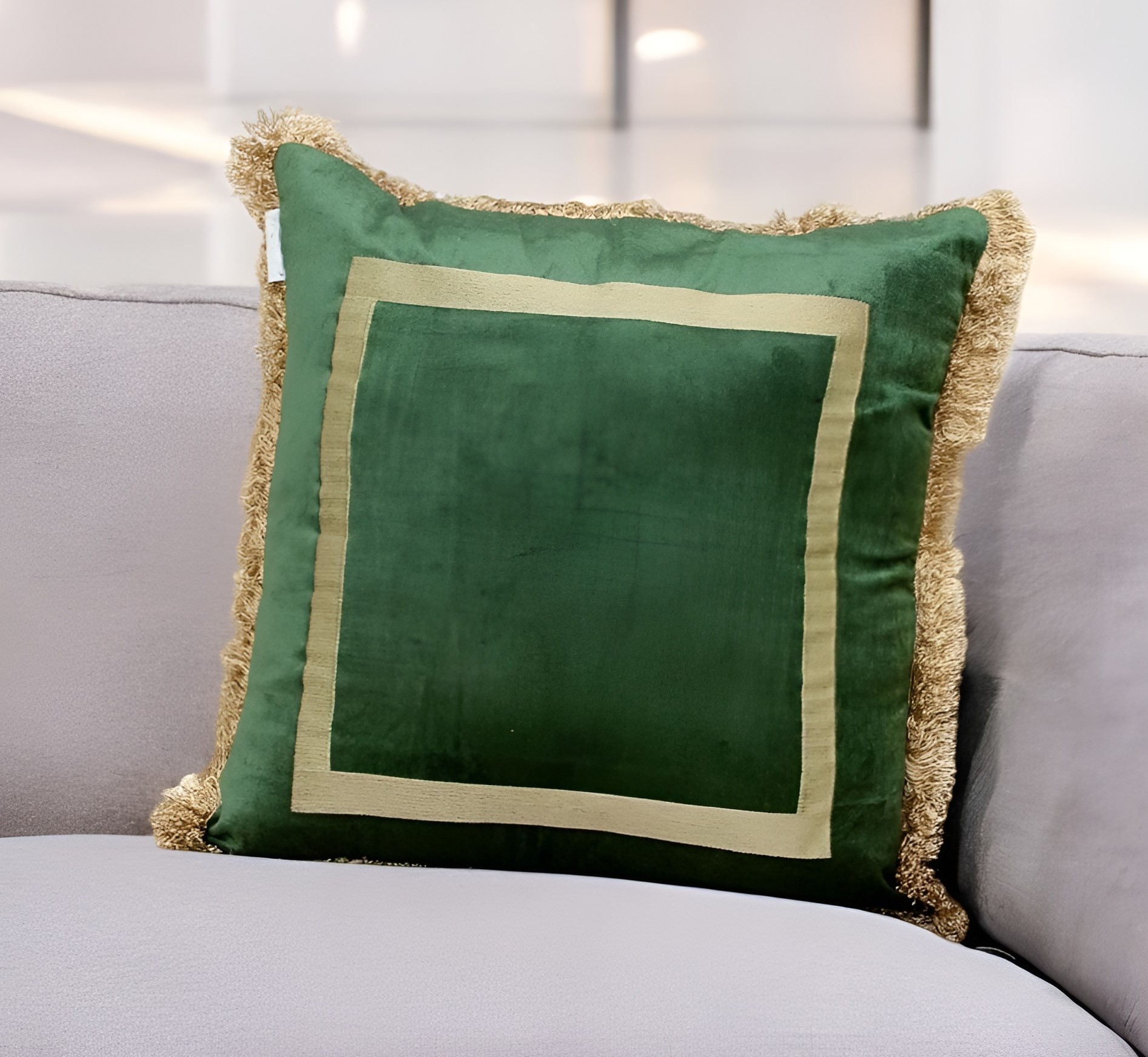 Boho Green with Gold Fringe Decorative Square Throw Pillow