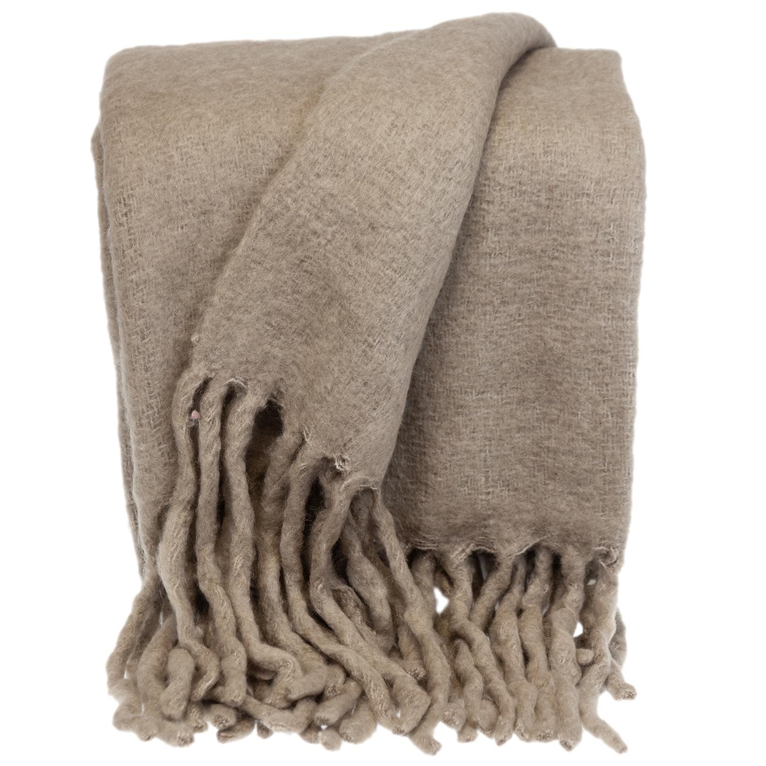 Brown Woven Wool Solid Color Throw Blanket with Fringe