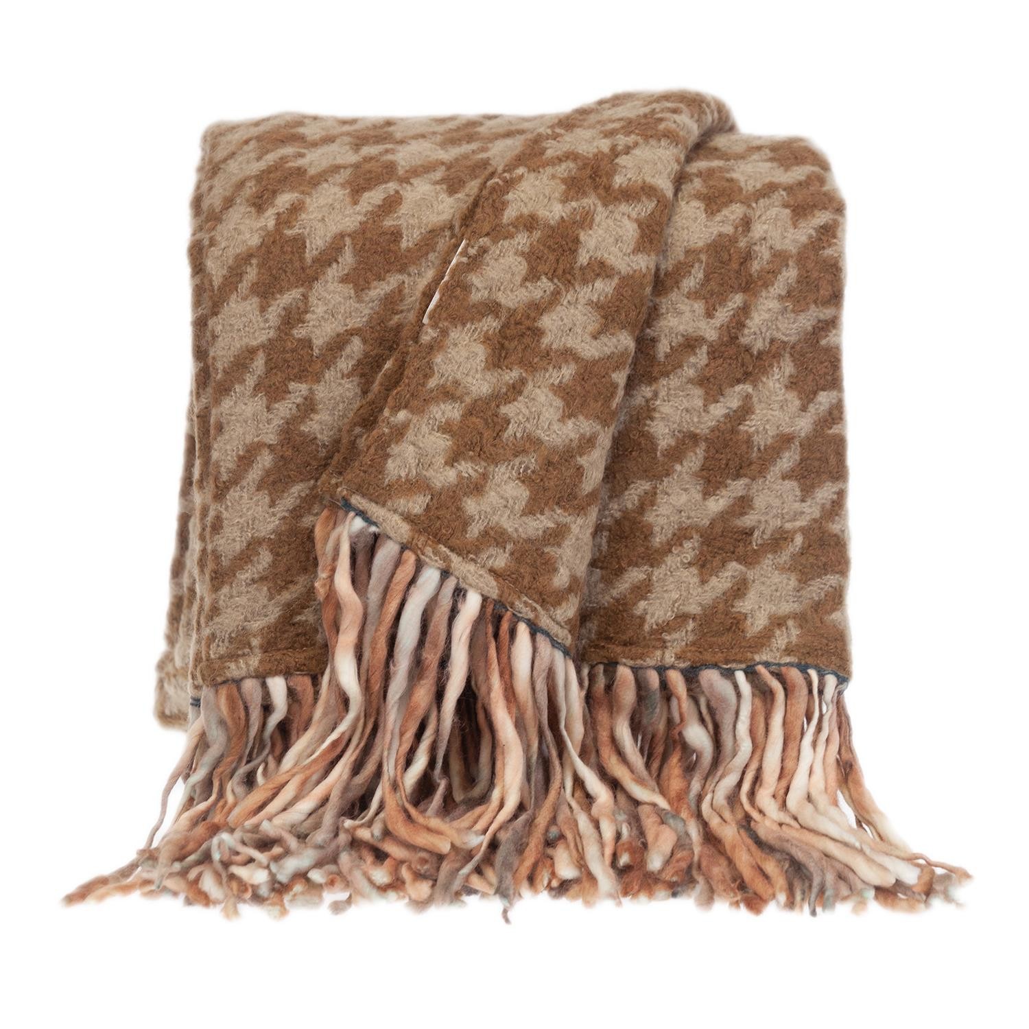 Brown Wool Houndstooth Throw Blanket with Fringe