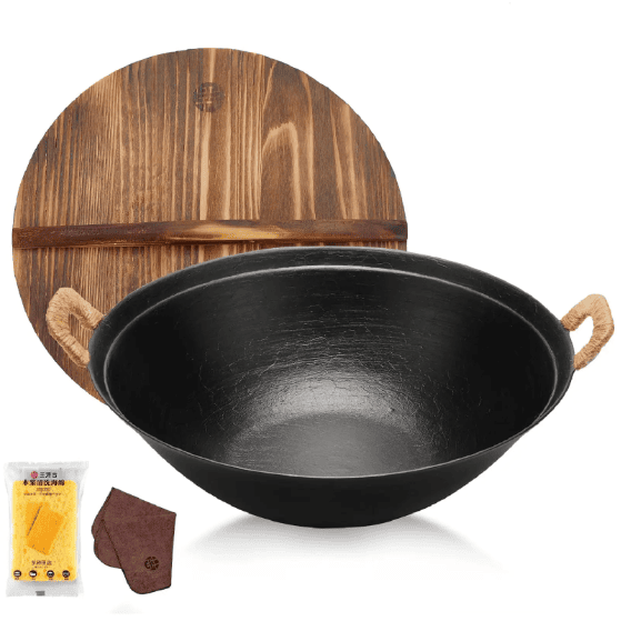 WANGYUANJI 14.2 Handmade Wok, Cast Iron Wok Pan, Large Flat Bottom Wok Stir With Dual Handle And Wooden Lid, Suitable For All Cooktops, Uncoated (Color: Black)